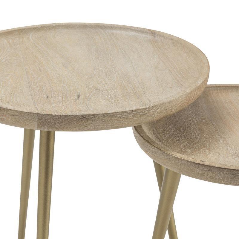 Krem Masif Ahşap Tepsi Tablalı Zigon Sehpa - Altın Ayaklı İkili Set (58 cm ve 50 cm) - 108352