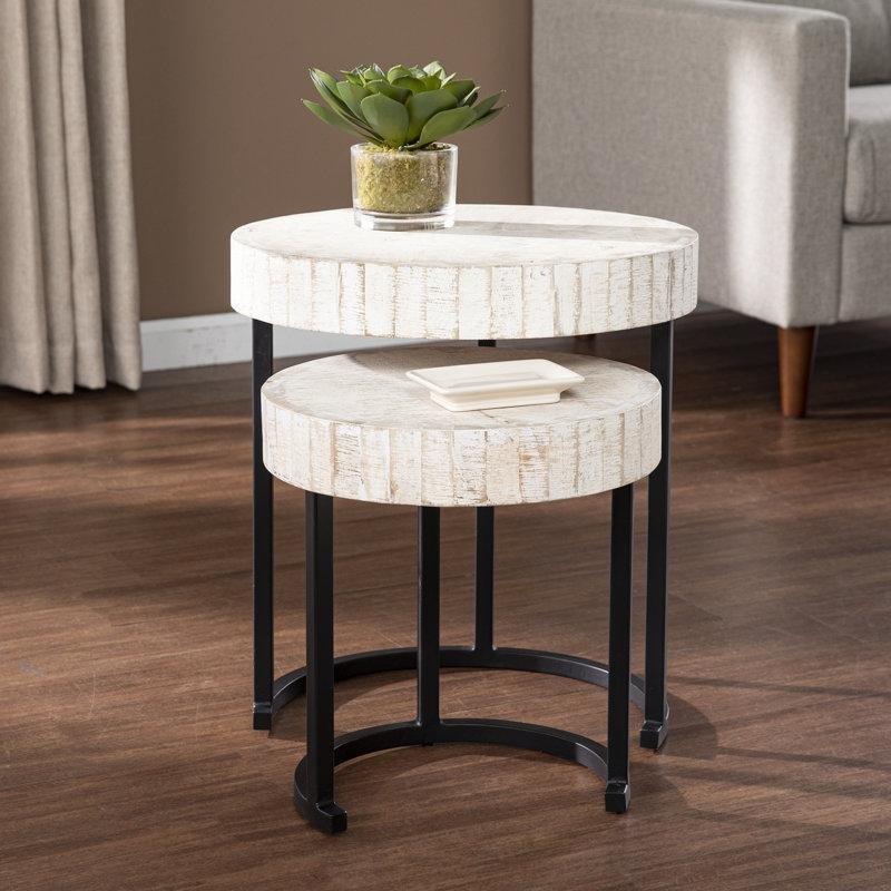 Krem Masif Ahşap Yuvarlak Zigon Sehpa 47 cm Siyah Metal Ayaklı İkili Set - 108346