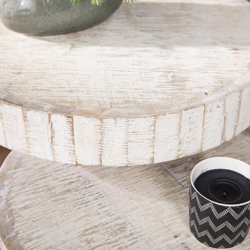 Krem Masif Ahşap Yuvarlak Zigon Sehpa 47 cm Siyah Metal Ayaklı İkili Set - 108346