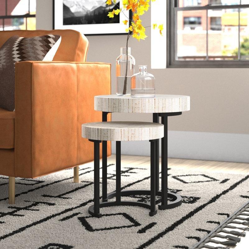 Krem Masif Ahşap Yuvarlak Zigon Sehpa 47 cm Siyah Metal Ayaklı İkili Set - 108346