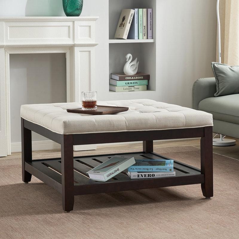 Krem Renkli Kapitoneli Kare Puflu Orta Sehpa 85x85 cm Raflı ve Tepsili - 104881