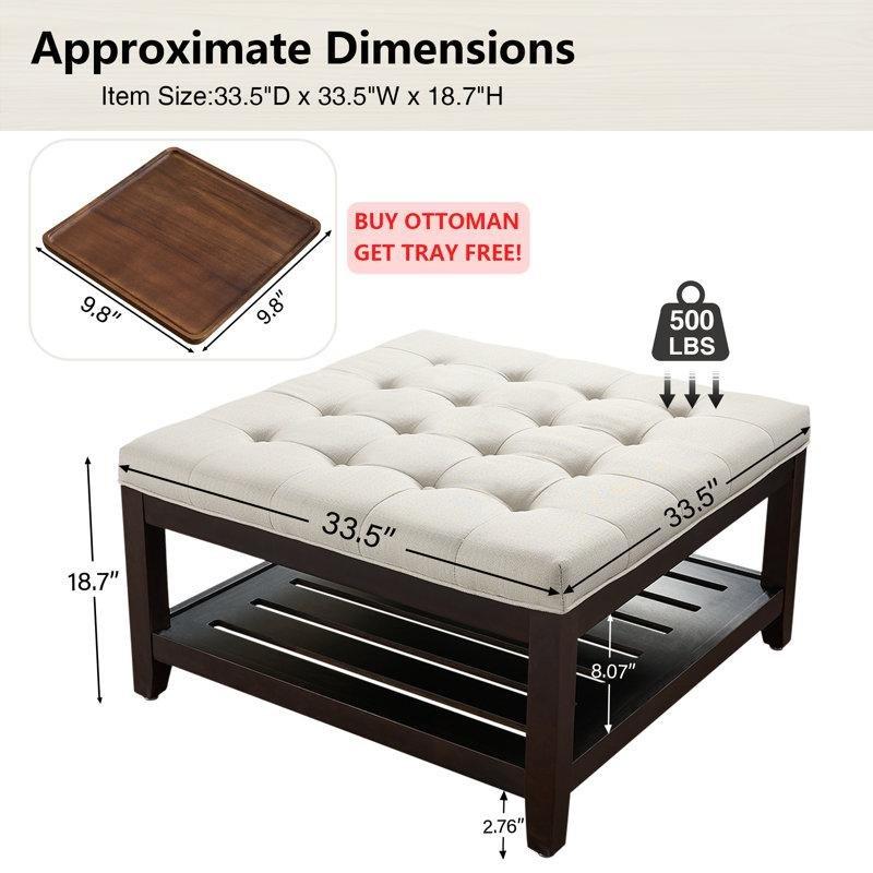 Krem Renkli Kapitoneli Kare Puflu Orta Sehpa 85x85 cm Raflı ve Tepsili - 104881