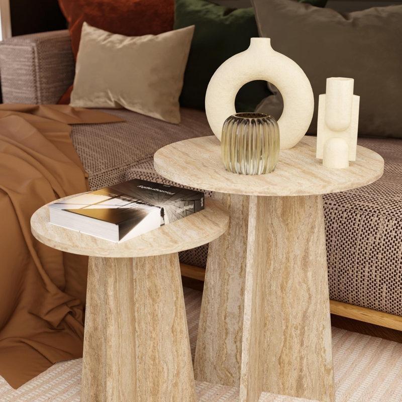 Krem Traverten Desenli Yuvarlak Zigon Sehpa İkili Set 33x42 cm ve 40x47 cm MDF - 108358