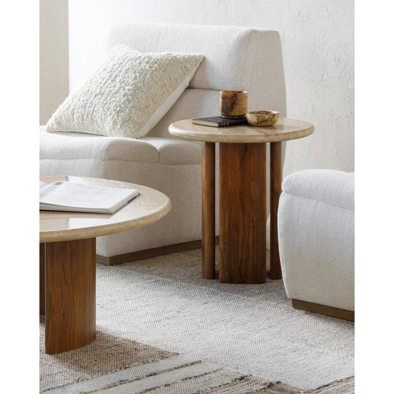 Krem Traverten Tablalı Kahverengi Akasya Mantar Zigon Sehpa 51x51x50 cm - 108415