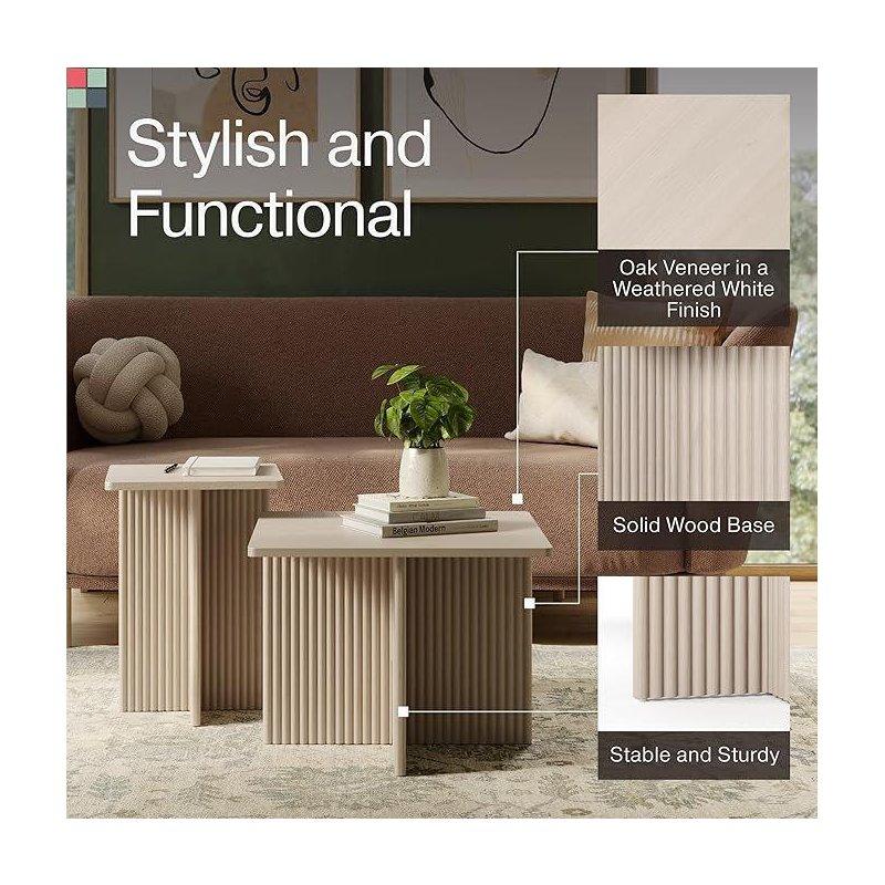 Krem Yivli Kare Zigon Sehpa 2'li Set 51x51 cm - 108343