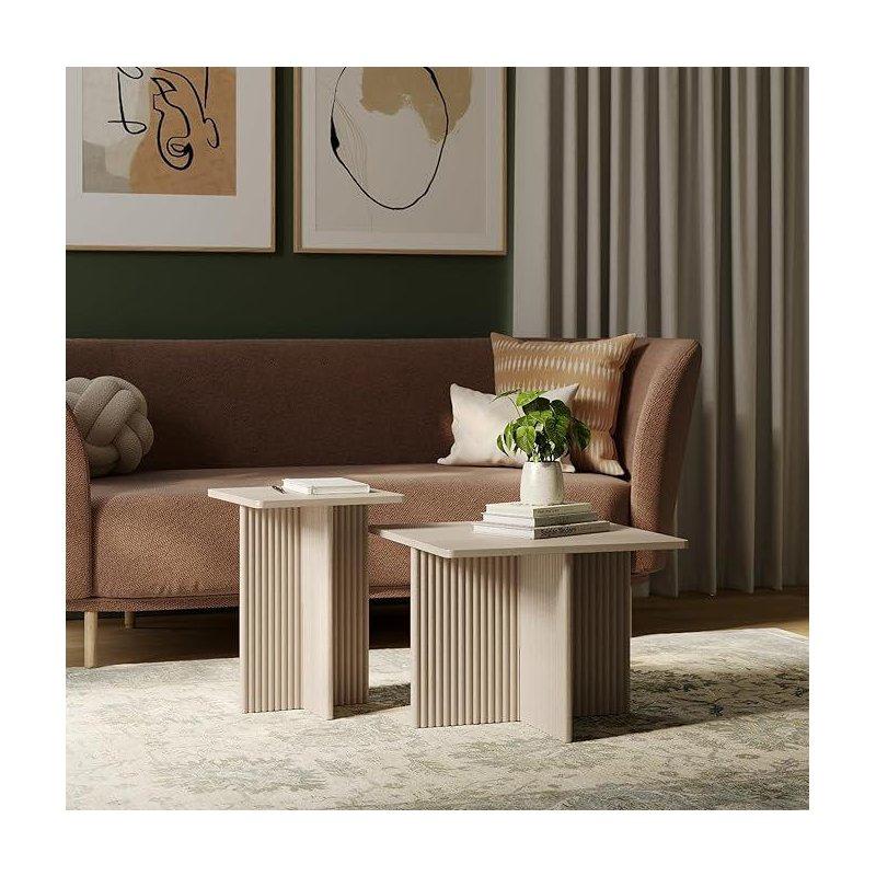 Krem Yivli Kare Zigon Sehpa 2%27li Set 51x51 cm - 108343