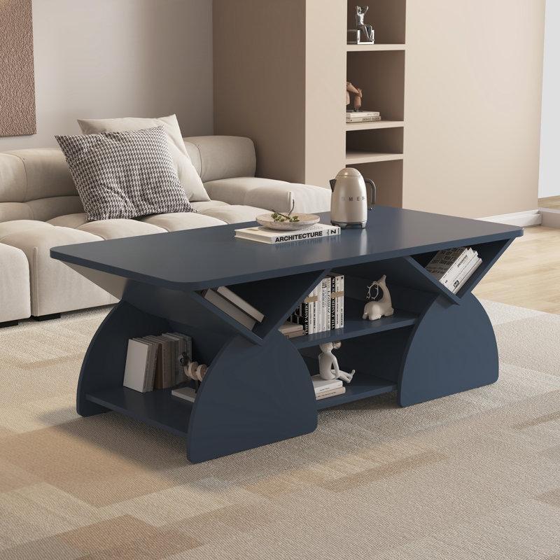 Lacivert Endüstriyel Ahşap Orta Sehpa 120x60x45 cm Açık Raflarla - 104374