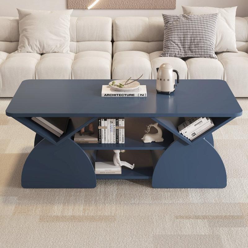 Lacivert Endüstriyel Ahşap Orta Sehpa 120x60x45 cm Açık Raflarla - 104374