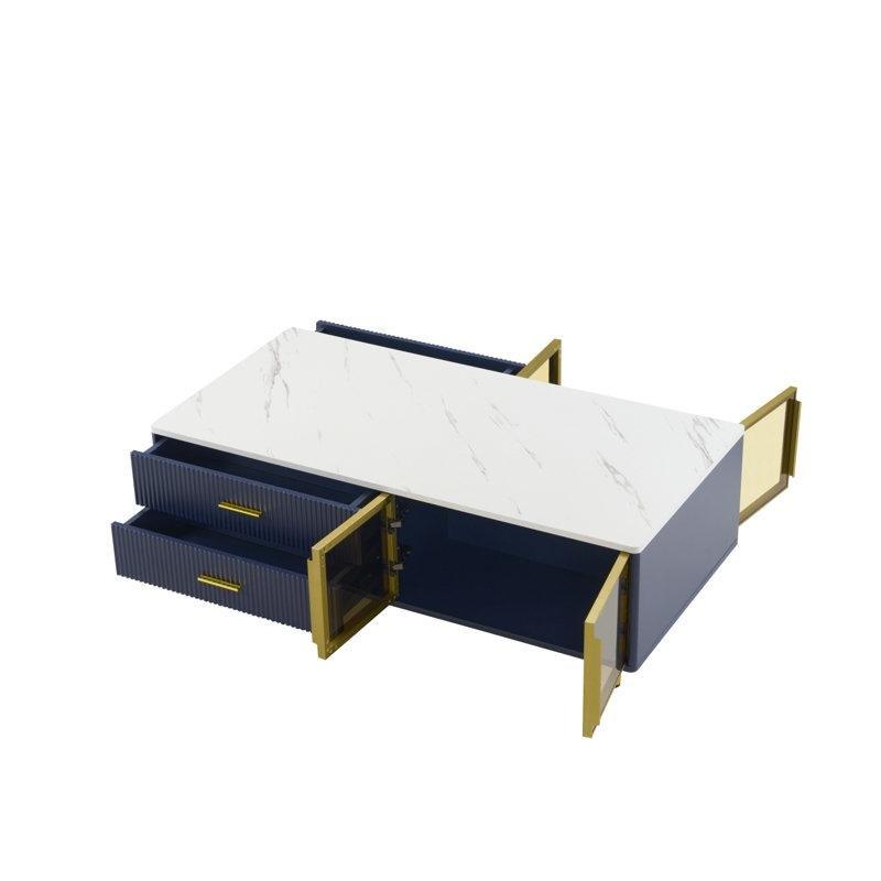 Lacivert Orta Sehpa MDF Cam Kapılı 4 Çekmeceli Gold Ayaklı LED Işıklı 120 cm - 104368