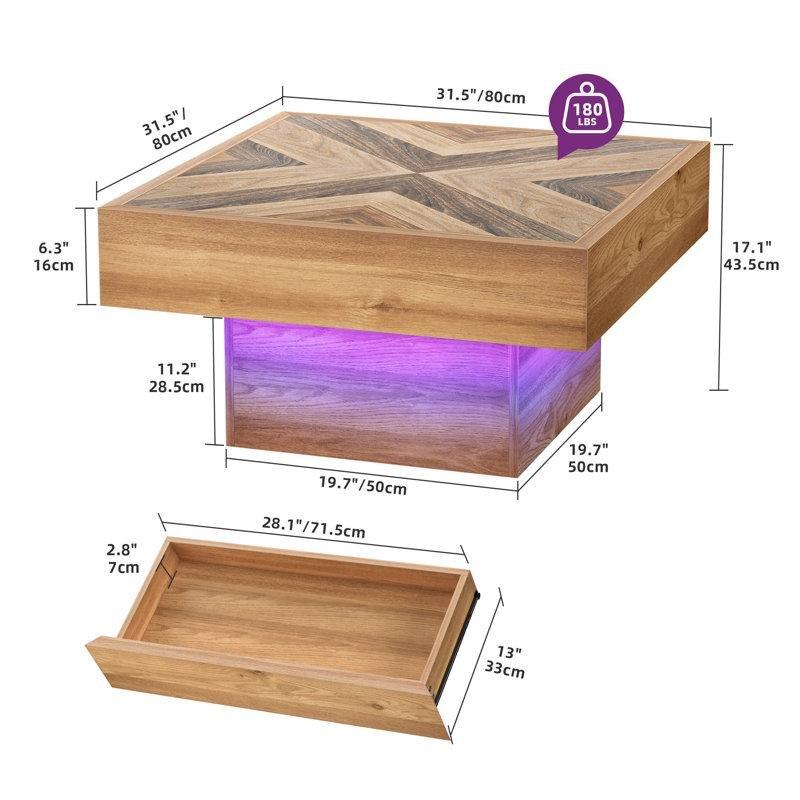 Ledli Kare Orta Sehpa Masif Ahşap 80x80 cm Çekmeceli - 104410