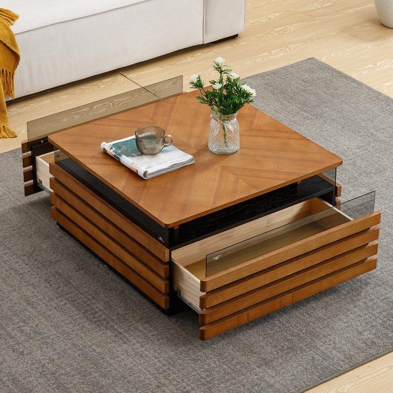 Ledli Orta Sehpa Masif Ahşap 80x80 cm Çekmeceli - 104428