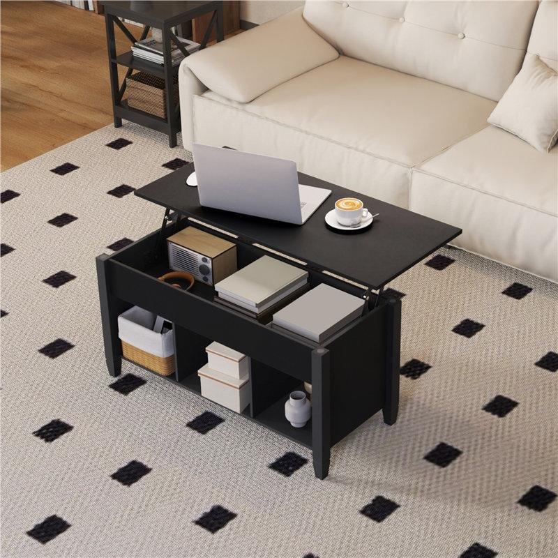 Lemmons Açılır Siyah Endüstriyel Ahşap Sehpa 46x100x100 cm Depolama Bölmeli - 101313