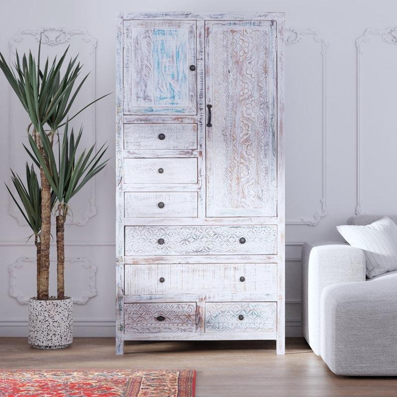 Mango Ağacı Kaplı El Oymalı Beyaz Gardrop 168x81x43 cm - 91090