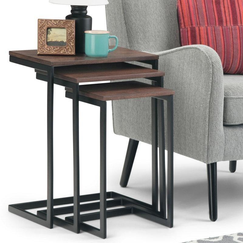 Mango Masif Ahşap C Zigon Sehpa 60x30x46 cm Siyah Metal Ayaklı 3'lü Set - 108160