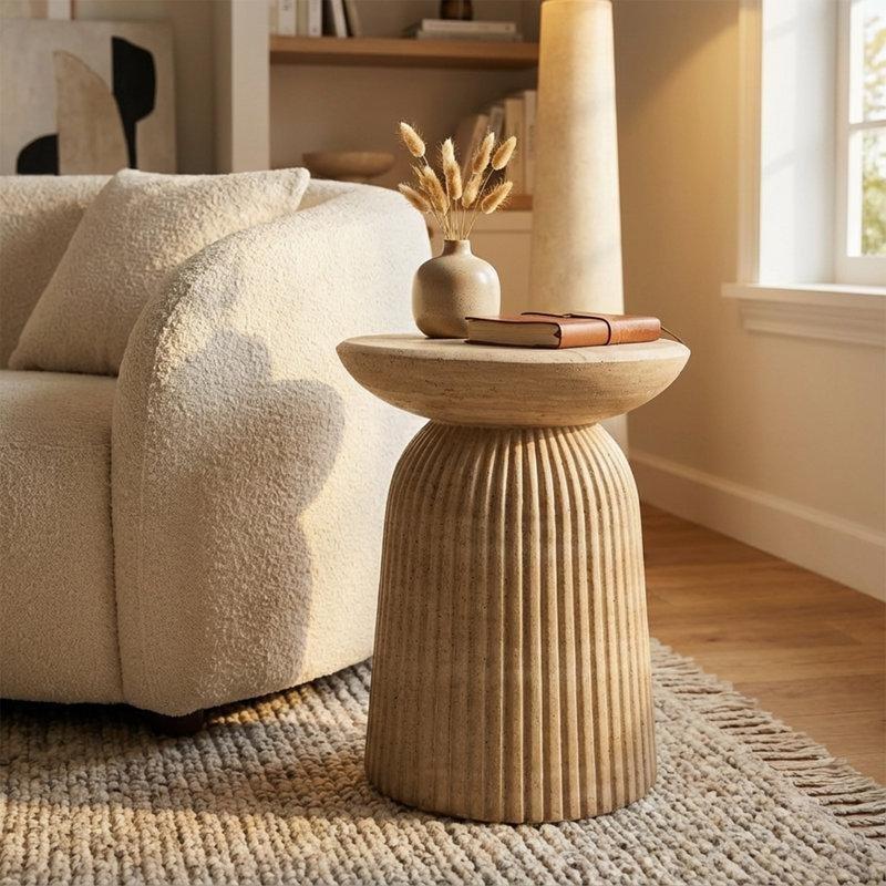 Mantar Zigon Sehpa 45 cm Yuvarlak Bej Traverten Desenli Dekoratif - 108439