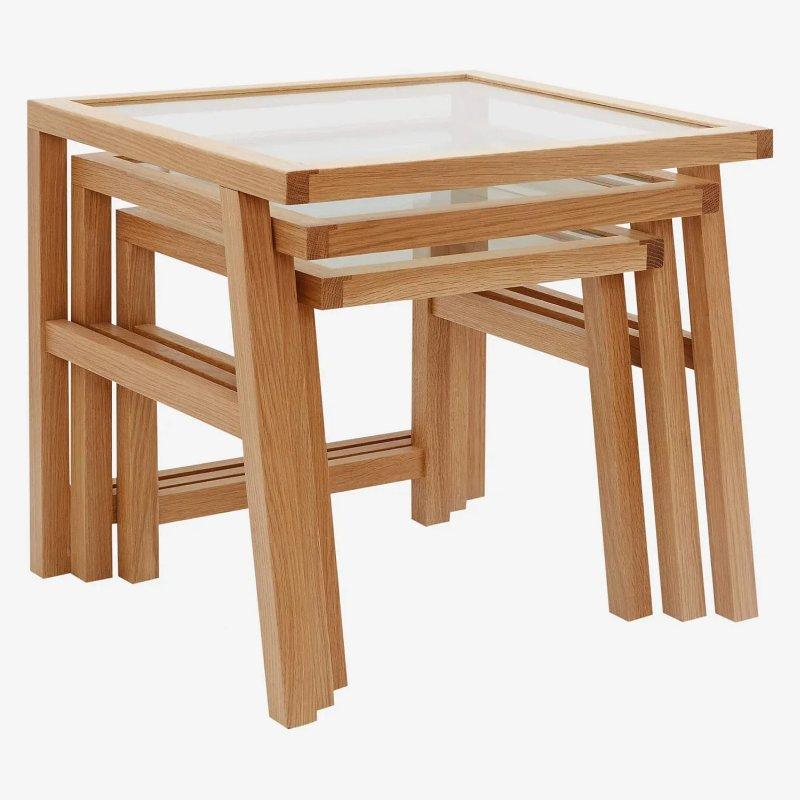 Marel Masif Meşe ve Cam Üçlü Yuvalı Orta Sehpa 45x49 cm Doğal - 103716