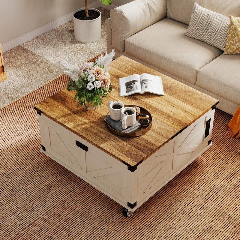 Masif Ahşap Açılır Akıllı Sehpa 94 cm - Beyaz ve Kahverengi - 101106