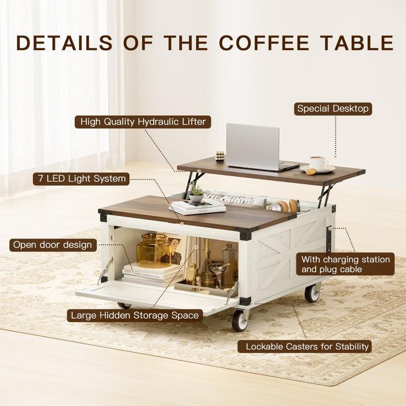 Masif Ahşap Açılır Akıllı Sehpa 94 cm - Beyaz ve Kahverengi - 101106