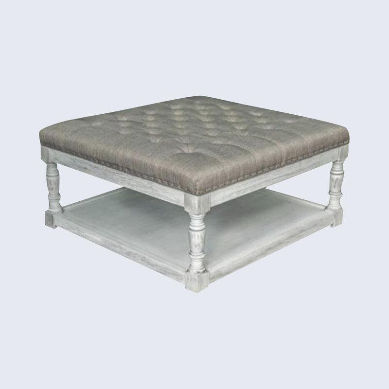 Masif Ahşap Beyaz Ayaklı Düğmeli Keten Orta Sehpa 87x87 cm - 104866