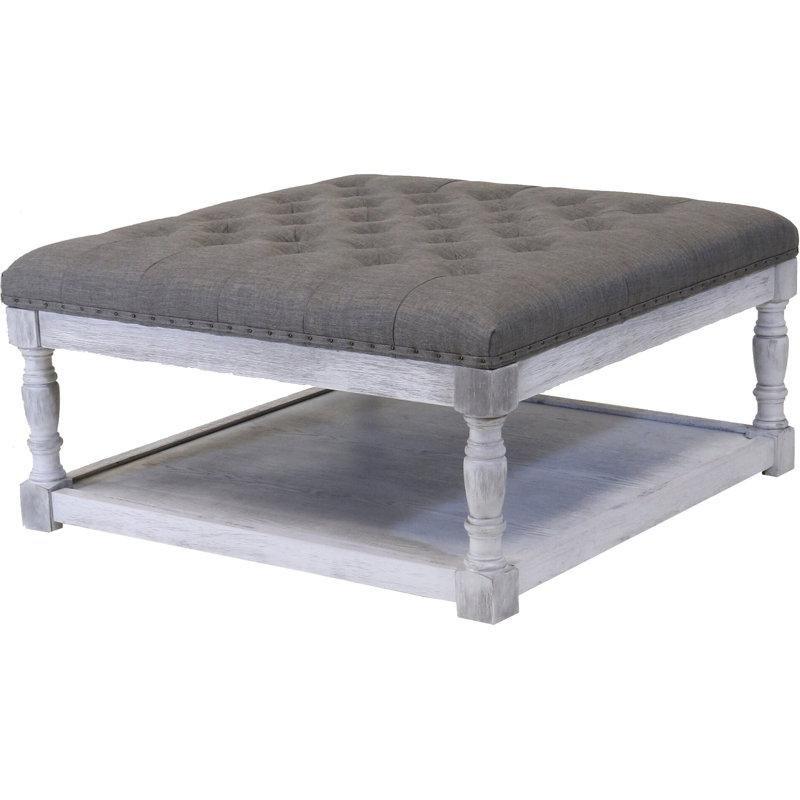 Masif Ahşap Beyaz Ayaklı Düğmeli Keten Orta Sehpa 87x87 cm - 104866