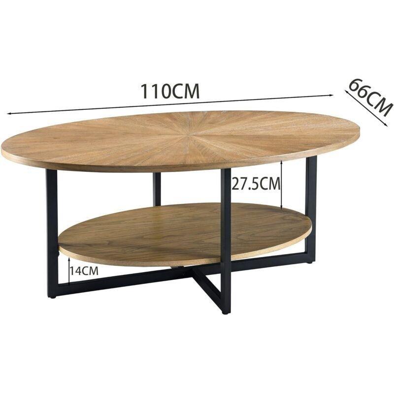 Masif Ahşap Oval Orta Sehpa 110x66x46 cm, Endüstriyel Metal Ayaklı 2 Katlı - 102807