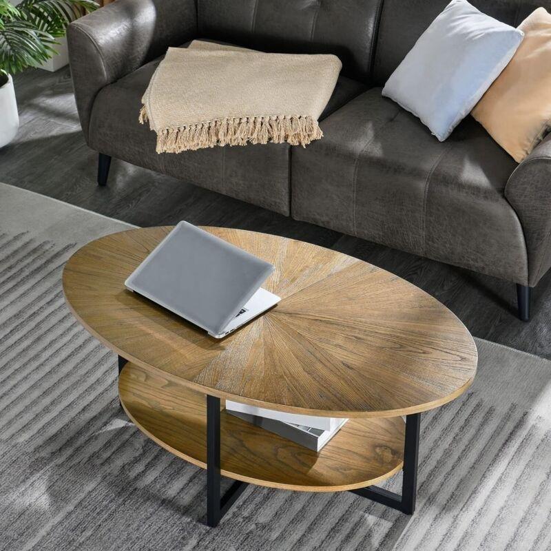 Masif Ahşap Oval Orta Sehpa 110x66x46 cm, Endüstriyel Metal Ayaklı 2 Katlı - 102807