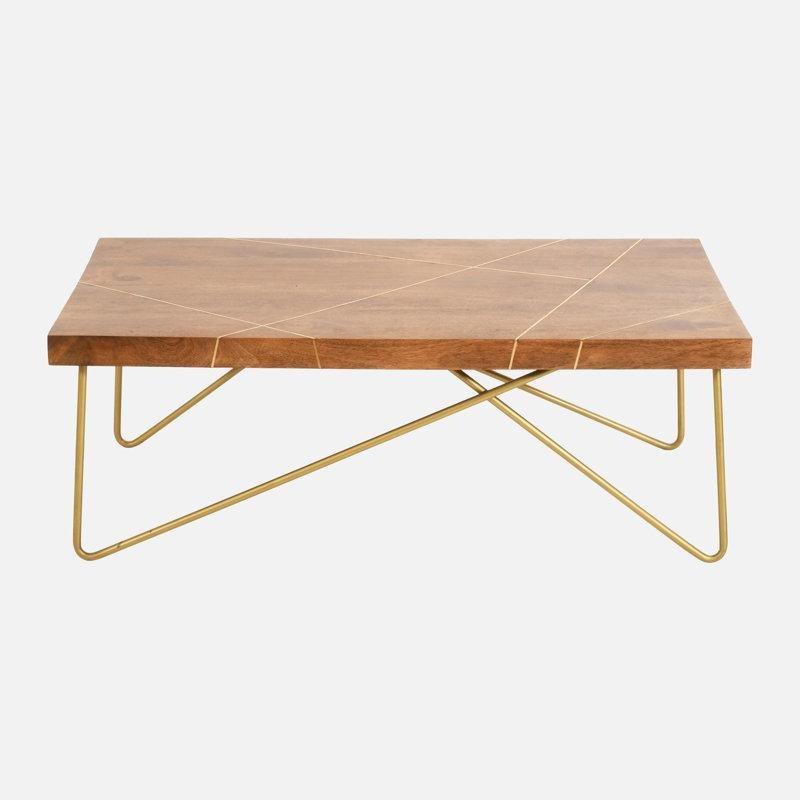 Masif Ahşap Üstü Gold Ayaklı Dikdörtgen Orta Sehpa 125x65x45 cm - 104152