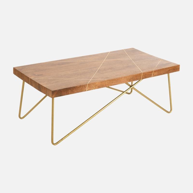 Masif Ahşap Üstü Gold Ayaklı Dikdörtgen Orta Sehpa 125x65x45 cm - 104152