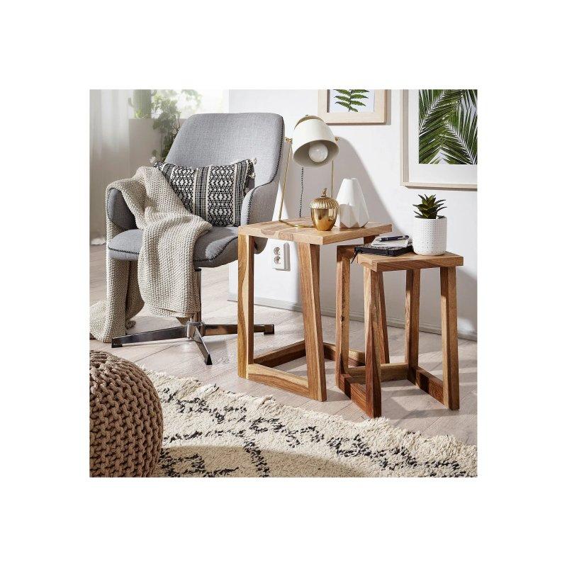 Masif Ahşap Zigon Sehpa 2li Set 36x36x50 cm Doğal Renk - 106519