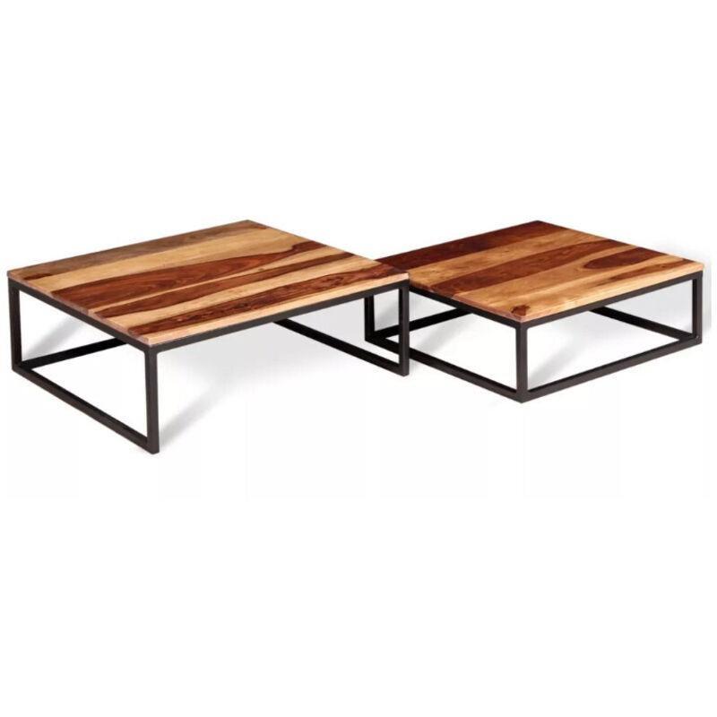 Masif Ahşap Zigon Sehpa 70x70 cm Kahverengi Metal Ayaklı İkili Set - 107894