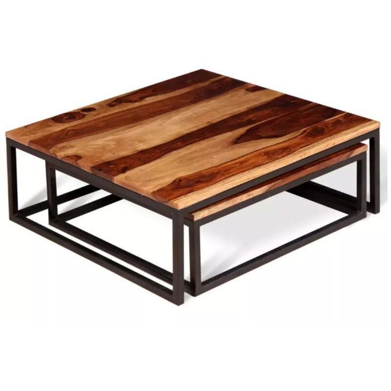 Masif Ahşap Zigon Sehpa 70x70 cm Kahverengi Metal Ayaklı İkili Set - 107894