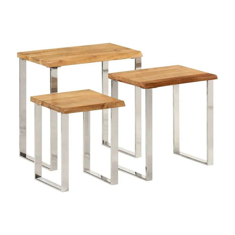 Masif Akasya Ahşap Canlı Kenarlı Üçlü Zigon Sehpa 60 cm Beyaz Ayaklı - 106189