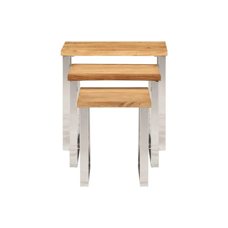 Masif Akasya Ahşap Canlı Kenarlı Üçlü Zigon Sehpa 60 cm Beyaz Ayaklı - 106189