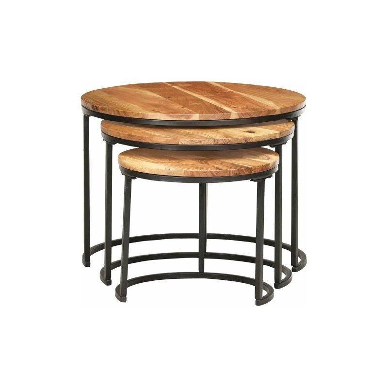 Masif Akasya Ahşap Üçlü Zigon Sehpa 60x45 cm Siyah Metal Ayaklı - 106555