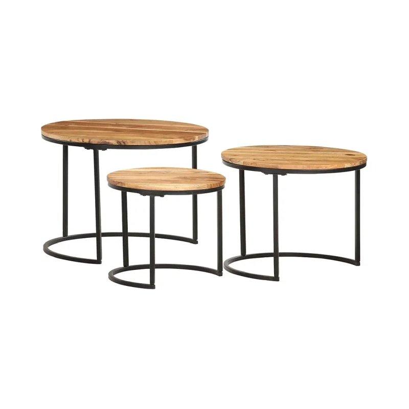 Masif Akasya Ahşap Üçlü Zigon Sehpa 60x45 cm Siyah Metal Ayaklı - 106555