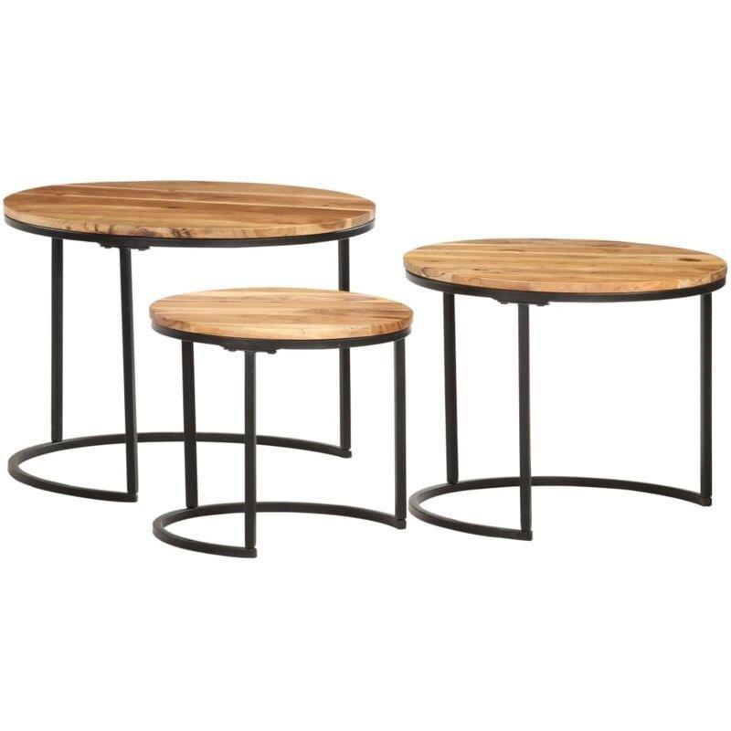 Masif Akasya Ahşap Üçlü Zigon Sehpa 60x60x45 cm Siyah Metal Ayaklı - 106841