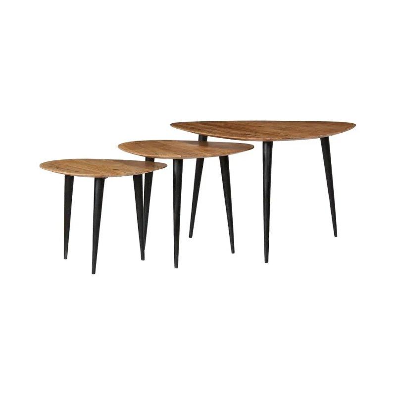 Masif Akasya Ahşap Üçlü Zigon Sehpa 70x70x40 cm Siyah Ayaklı - 106402