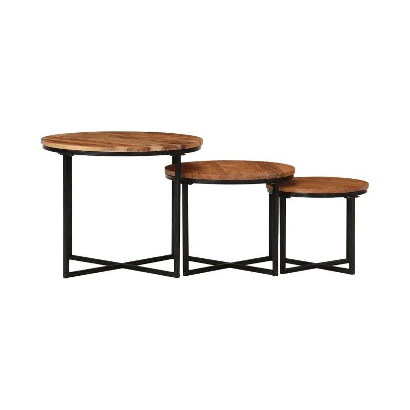 Masif Akasya Ahşap Zigon Sehpa 3'lü Set 55x55 cm Doğal Ahşap Siyah Metal - 106096