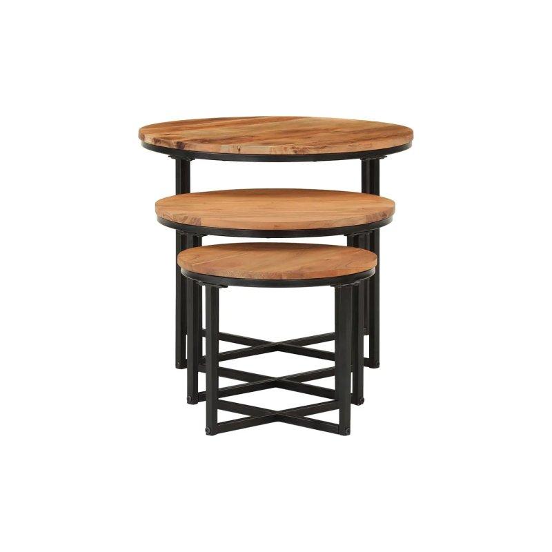 Masif Akasya Ahşap Zigon Sehpa 3'lü Set 55x55 cm Doğal Ahşap Siyah Metal - 106096