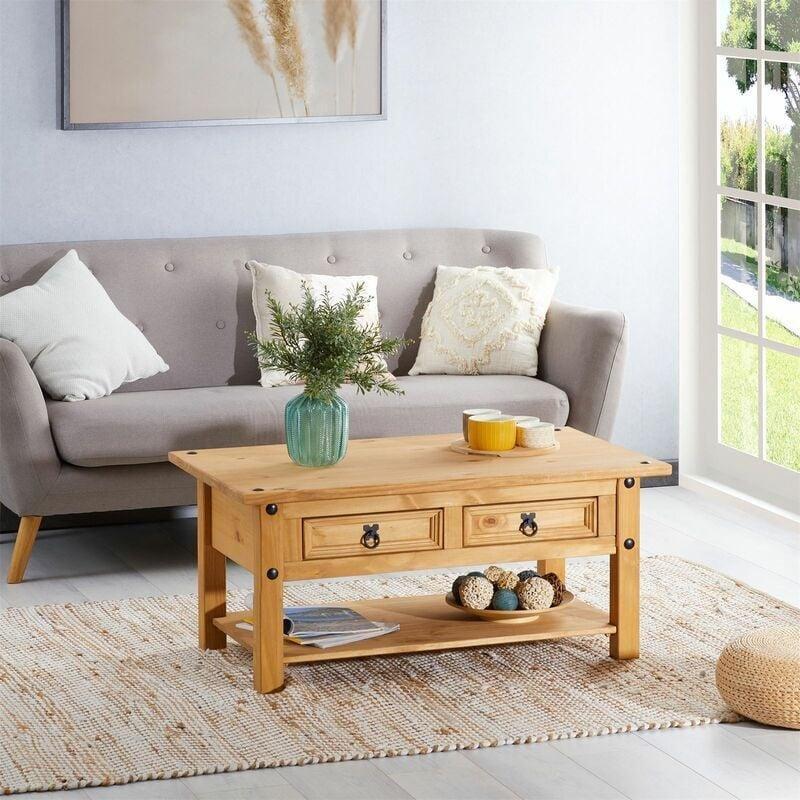 Masif Çam Orta Sehpa 100x60 cm, 2 Çekmeceli, Kahverengi - 102839