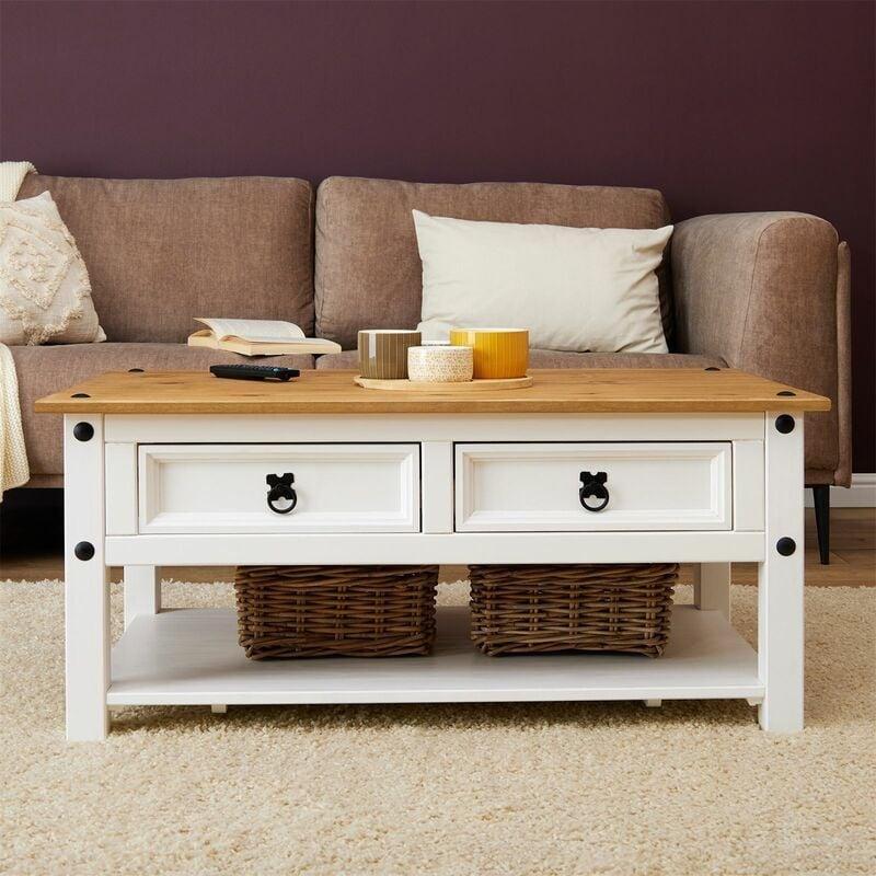 Masif Çam Orta Sehpa Beyaz Kahverengi 100x60x45 cm 2 Çekmeceli 1 Raflı - 103215