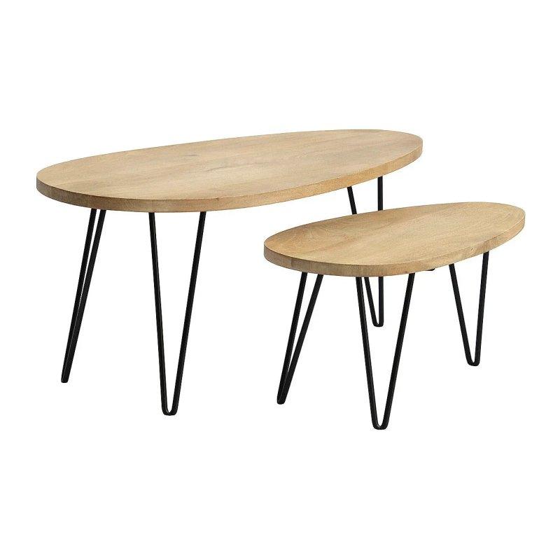 Masif Mango Ağacı Oval Orta Sehpa 100 cm Siyah Metal Ayaklı İkili Set - 102000