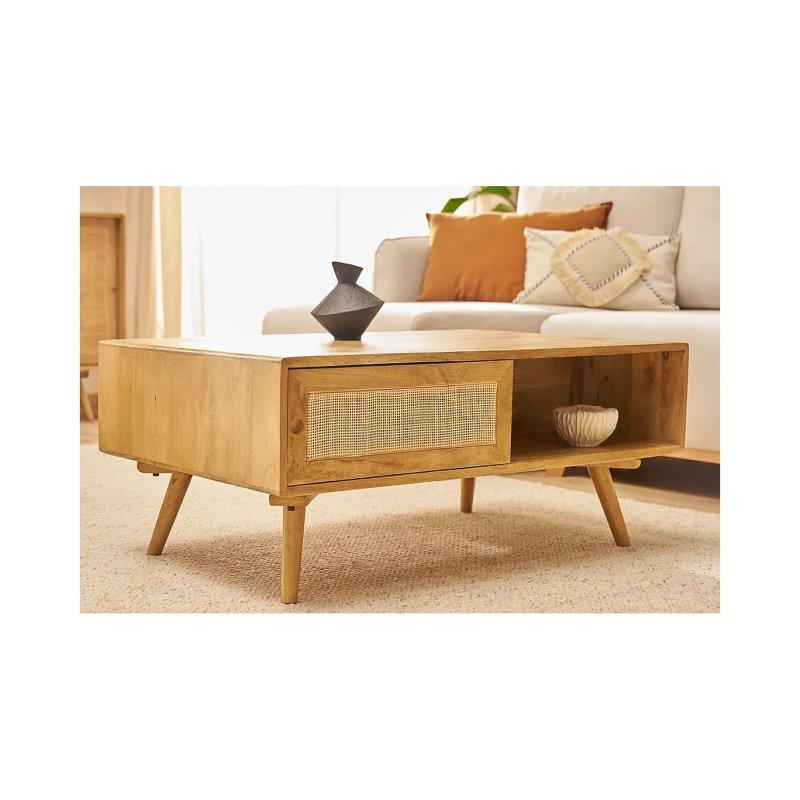 Masif Mango Ağacı ve Ratandan Dikdörtgen Orta Sehpa 100x60x42 cm - 102006