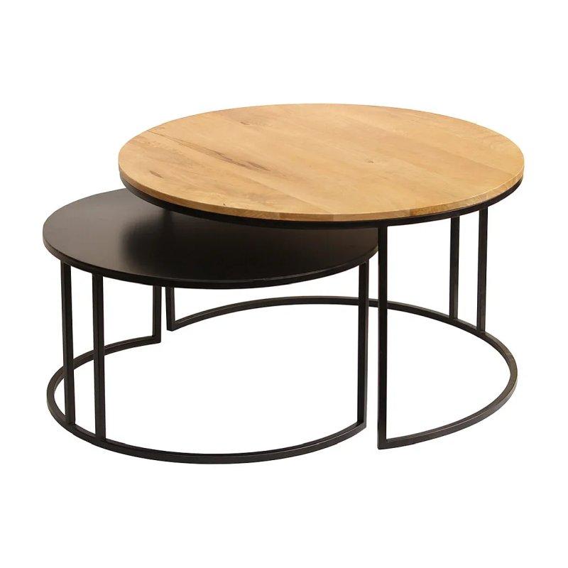 Masif Mango Ağacı ve Siyah Metal Yuvarlak İç İçe Orta Sehpa 80 cm - 2'li Set - 101913