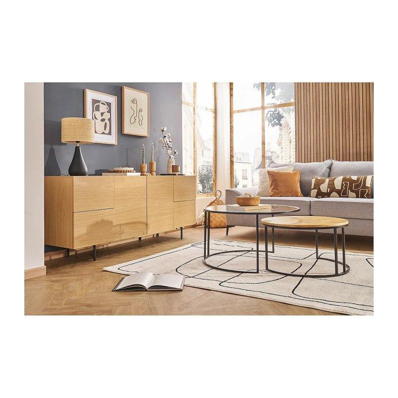 Masif Mango Ağacı ve Temperli Cam Yuvarlak Orta Sehpa Seti 80 cm Siyah Metal Ayaklı - 102054