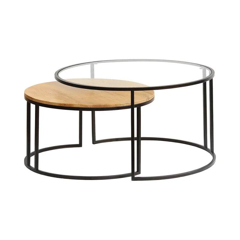 Masif Mango Ağacı ve Temperli Cam Yuvarlak Orta Sehpa Seti 80 cm Siyah Metal Ayaklı - 102054