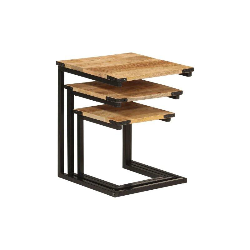 Masif Mango Ahşap Metal Ayaklı Üçlü Zigon Sehpa 40x40x50 cm - 106093
