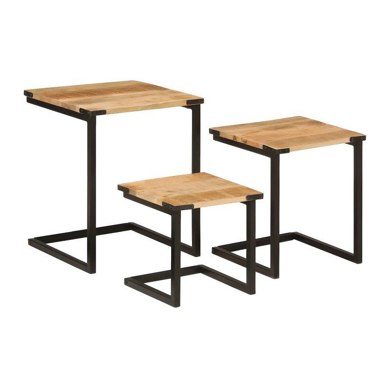 Masif Mango Ahşap Siyah Metal Ayaklı Üçlü Zigon Sehpa 40x40x50 cm - 106339