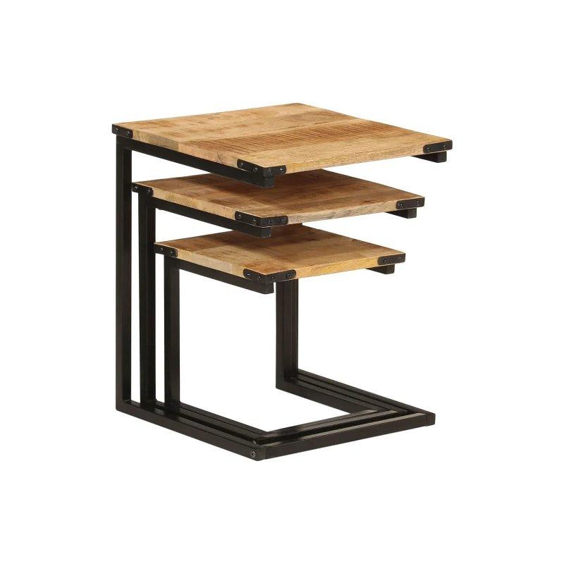 Masif Mango Ahşap Siyah Metal Ayaklı Üçlü Zigon Sehpa 40x40x50 cm - 106339