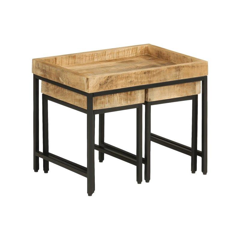 Masif Mango Ahşap Üçlü Zigon Sehpa Seti 127x89x102 cm Siyah Metal Ayaklı - 106351